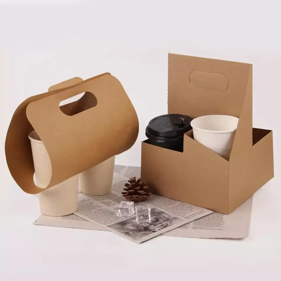 Luckytime Custom Printing Eco Friendly Paper Take Out Coffee Cup Drink Pack Paper Cup Holder with Handle