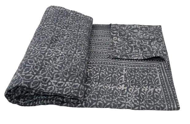 Indian Hand Printed Decorative Bedspread 100% Cotton Indigo Print Kantha Handmade Reversible Double Sided Quilted 90x108 Inch