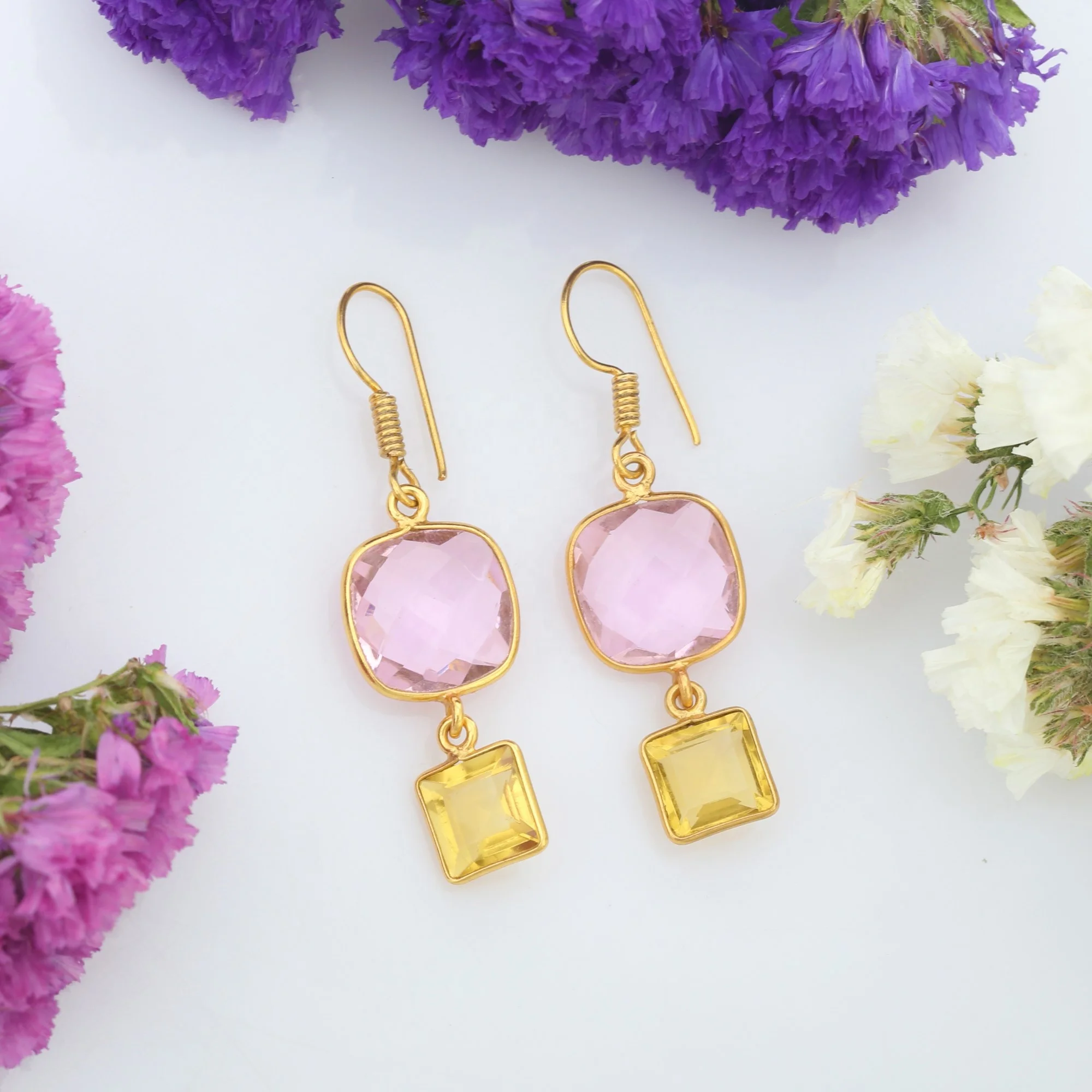 Pink Quartz  and Top Citrine Heggie Earring 925 Sterling Silver Indian Fashion Jewelry For Women And Girls