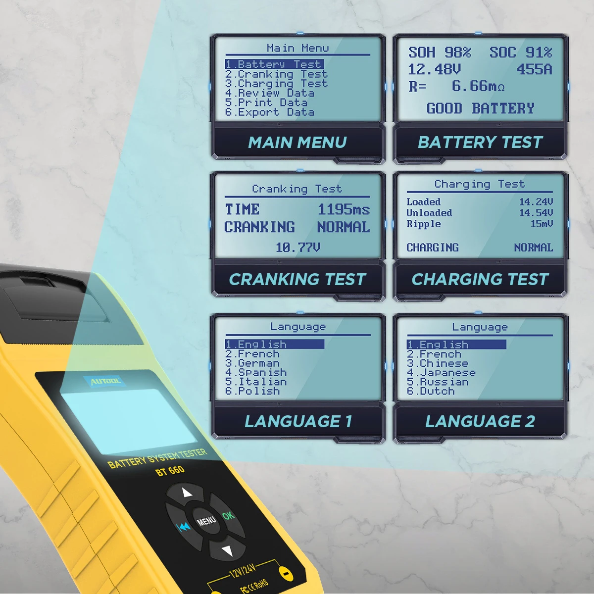 Factory Multi-language AUTOOL BT660 car Battery Tester Built-in Printer BT-660 Battery Tester Auto Car Battery Tester
