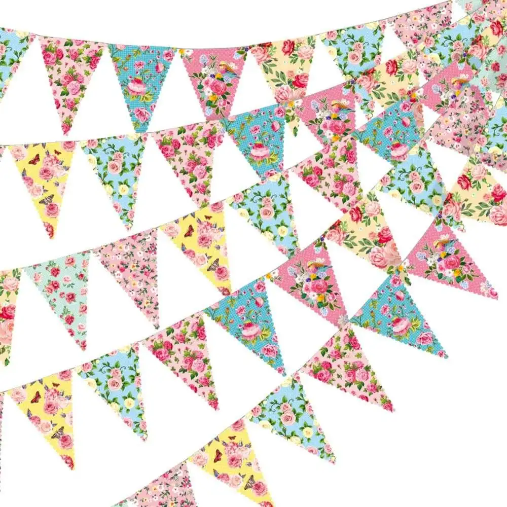49 Ft 60 Pcs Tea Floral Party Paper Bunting Decor Outdoor Bunting Banner Floral Pennant Banner Tea Party Birthday Supplies