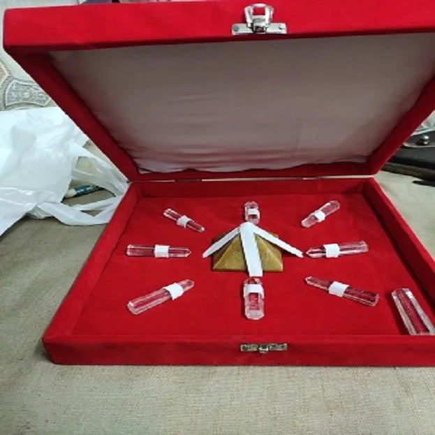 New healing crystal box with one pyramid and seven pencils of clear quartz with red box for wholesale now available