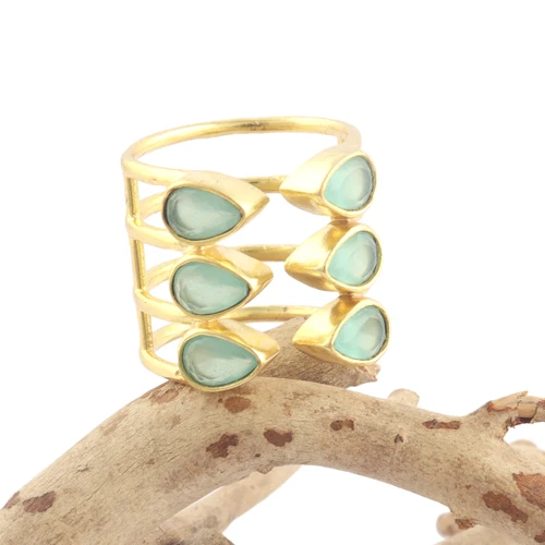 Latest Style Multi Stone Pear Aqua Chalcedony Statement Rings 24k Gold Plated Multi Layer Open Adjustable Rings Engagement Rings