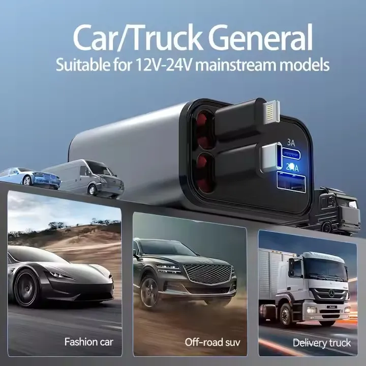 Trend Products 4 In 1 Retractable Fast Car Charger For Phone And Type C Retractable Cables And 2 Charging Ports Charger