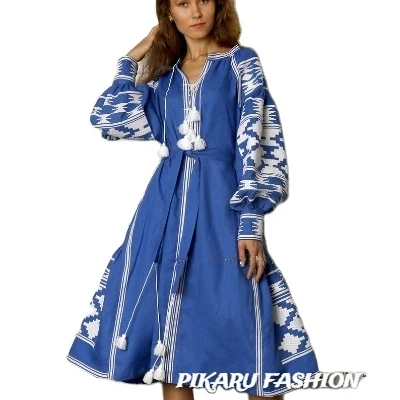 luxury High Quality Linen Artistic Embroidery Ancient Ukrainian Traditional Dress Stunning Beautiful Boho Style Long maxi Dress