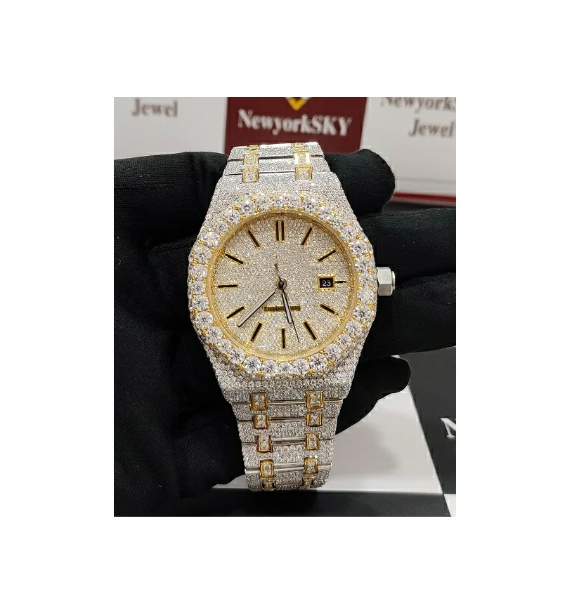 New Design Hiphop Bling Iced Out VVS Clarity Moissanite Diamond Studded Stainless Steel Analog Watch From Indian Exporter