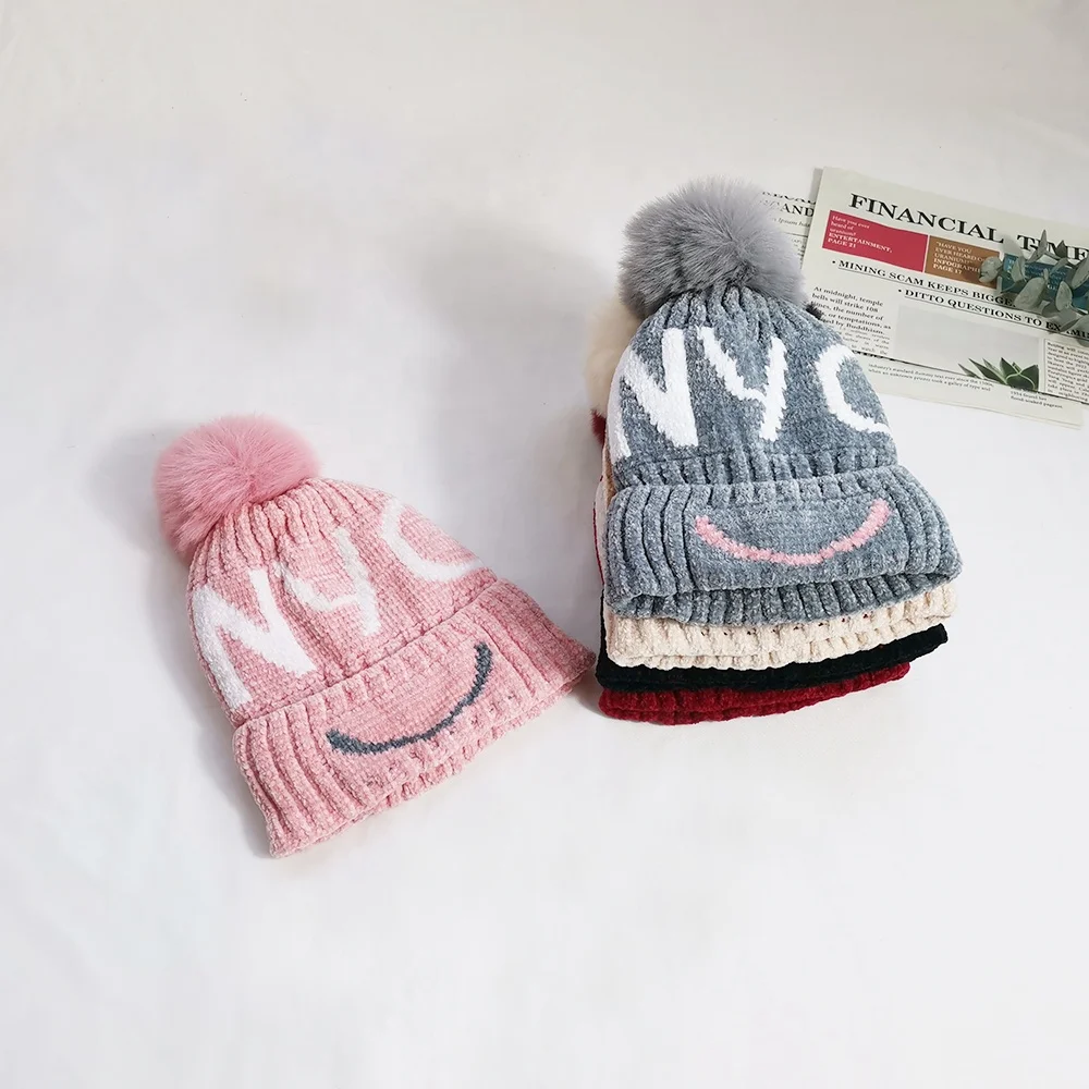 Kids Winter Chenille Knitted Skull Cap NYC Jacquard Letters Fashion Pom Pom Toque Boy Girls Soft Warm Cuffed Beanie Hats