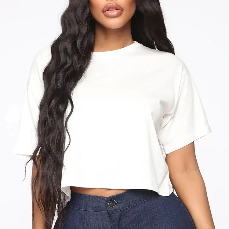 Plain Ladies Black Tshirt Printing Blank Cotton Loose Crop Top Women  Blank Plain White Lose Fitting Crop Top T Shirts Gym Cropp