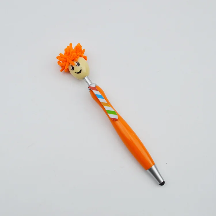 Wholesale Custom Logo Doll Head Stylus Screen Ballpoint Pen High Quality Promotional Smiley Mop Head Pen Mop Topper Pen