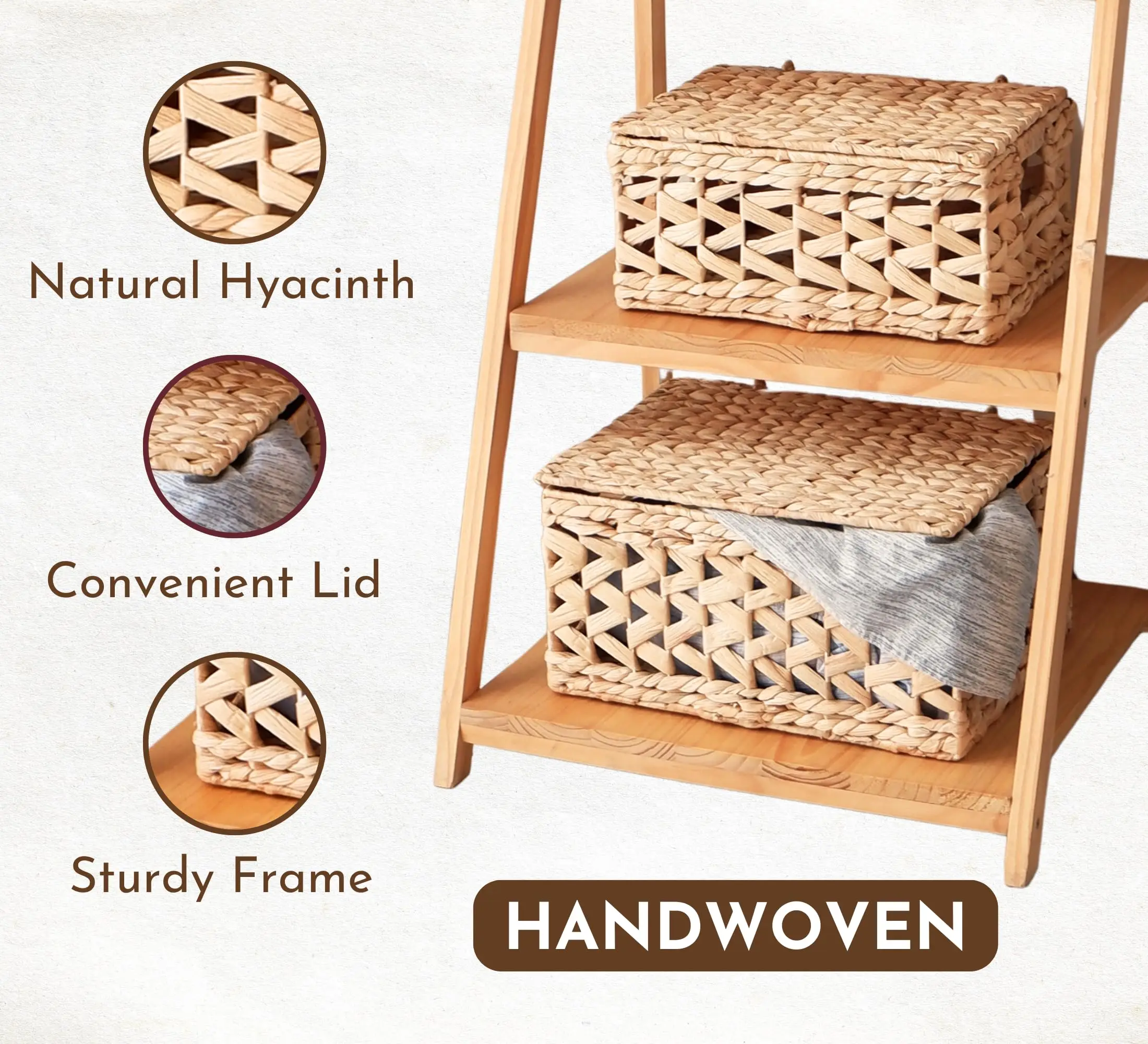 Wicker Storage Baskets with Lids, Set of 3 Rattan Lidded Hyacinth Baskets for Organizing Woven Large Rectanguarlar Basket Boxes,