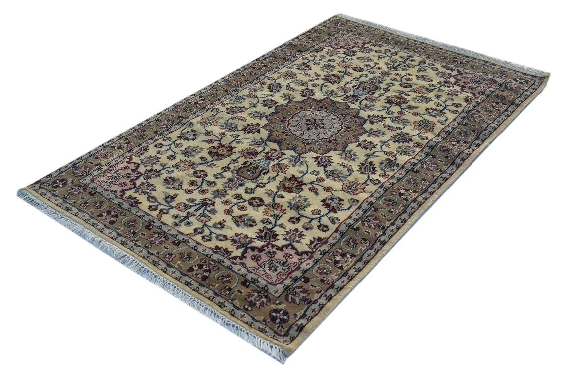 Hand Knotted Oriental Persian Woolen Carpet Rug Gold Beige Handmade Woven Area Rug For Bedroom Living Room
