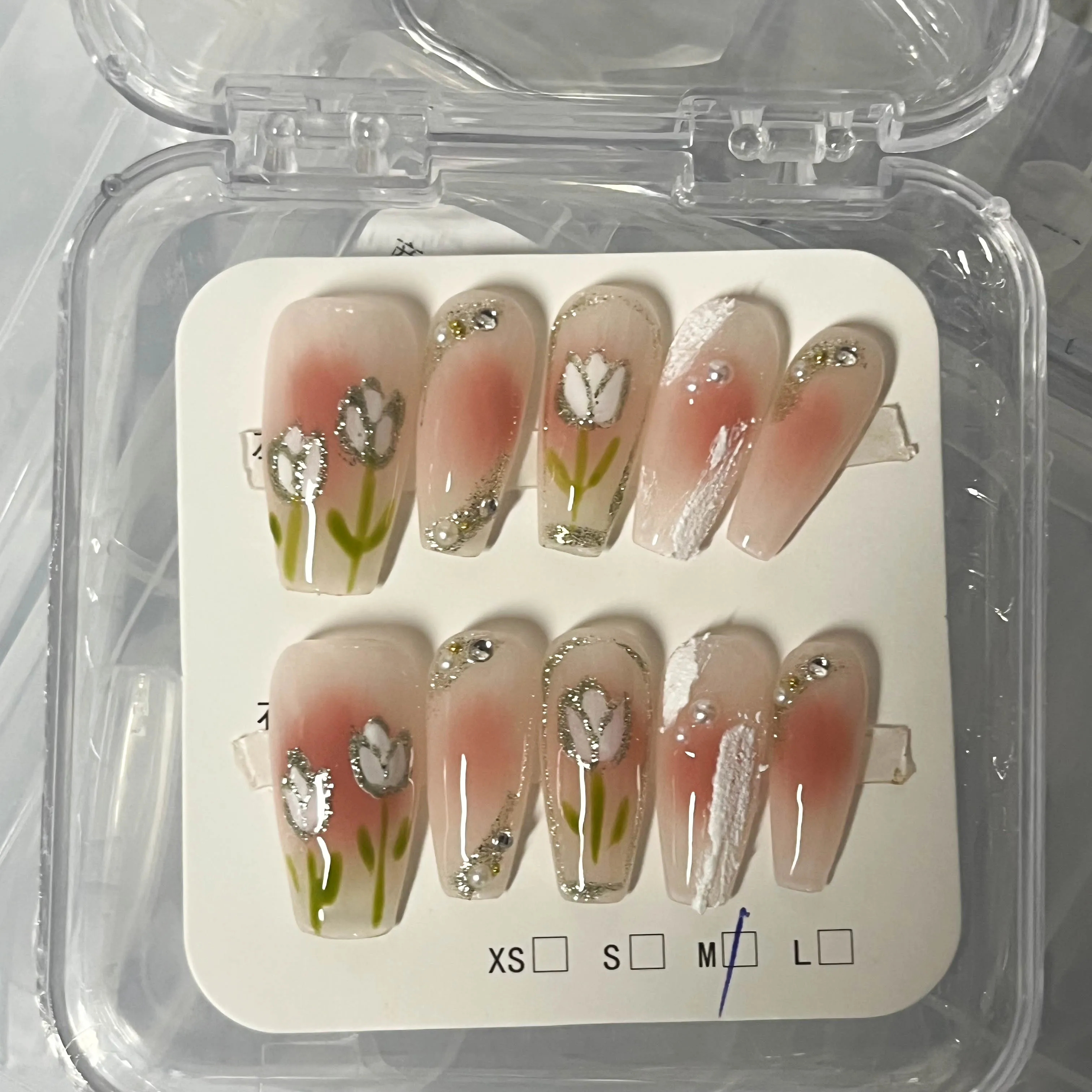 In Stock Pink Handmade False Nails with Glitter Diamond Luxury Handmade Acrylic Nails Press on Artificial Fingernails