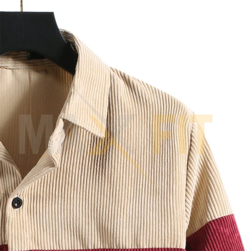 Corduroy Jacket Shirts for Men Loose Casual Color Block Patchwork Fashion Men Blouse Tops Long Sleeve Turndown Collar Lapel