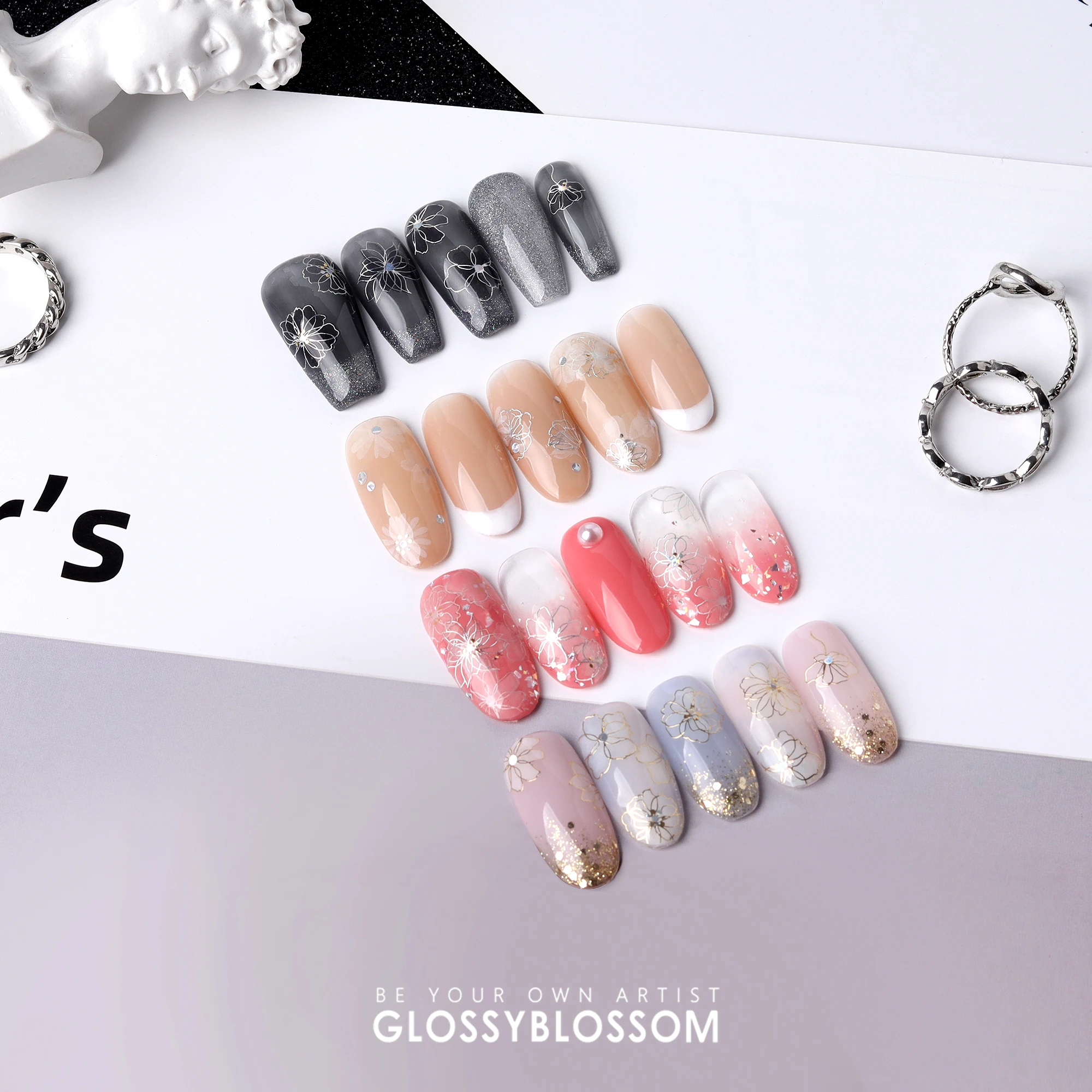 ShineB PARADISE WITH WIND nail stickers See-through White Flower Butterfly with Gold Hologram Line nail design Korea oem odm