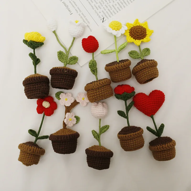 Wholesale Crochet Flower Decor Handmade Crochet Flower Pot Plant Knitted Potted Flowers Gift for Crochet Decoration Bouquet