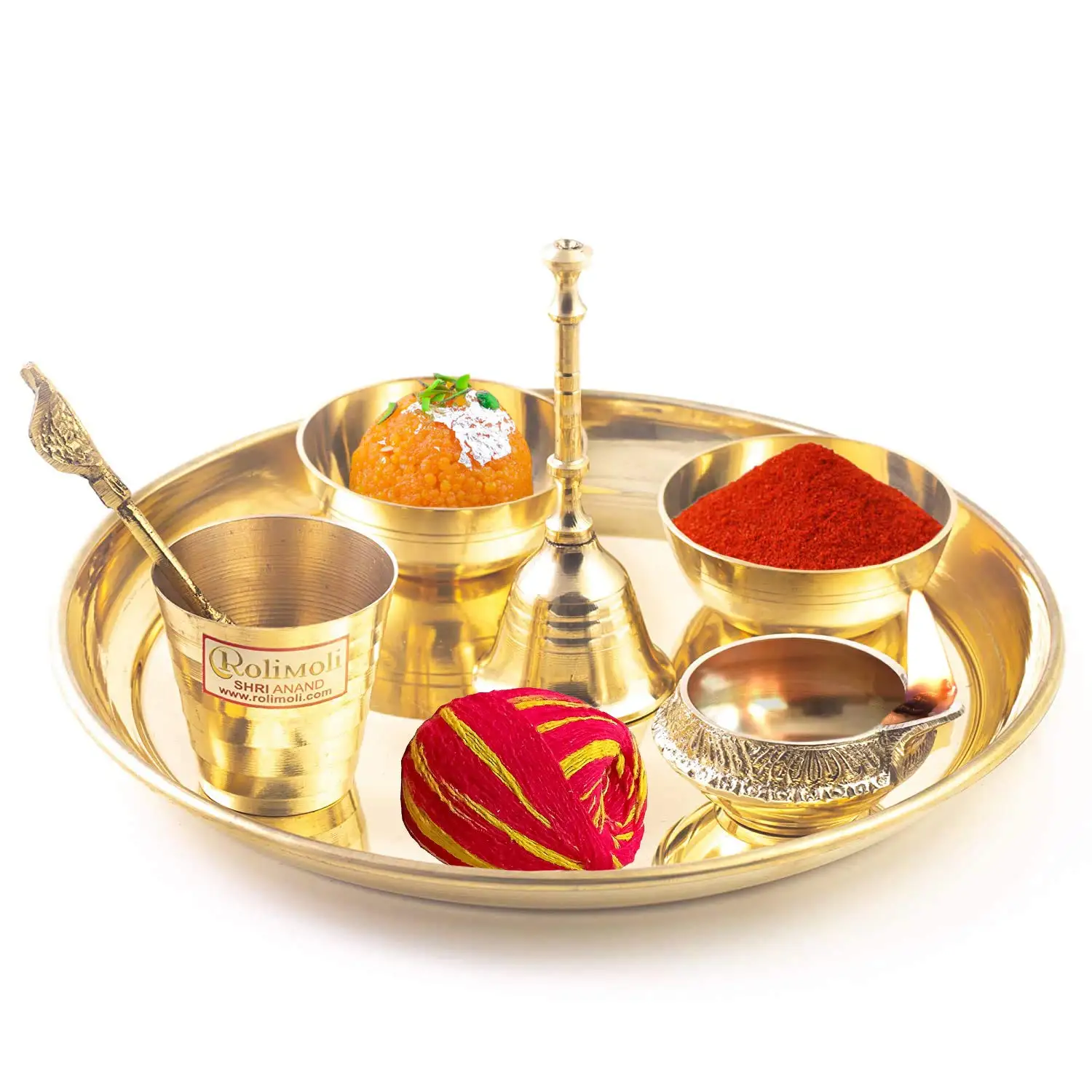 Brass puja plate gold plated puja gift set Plate aarti thali Golden Brass Pooja Article for Diwali Home Decor Temple Office 6-in