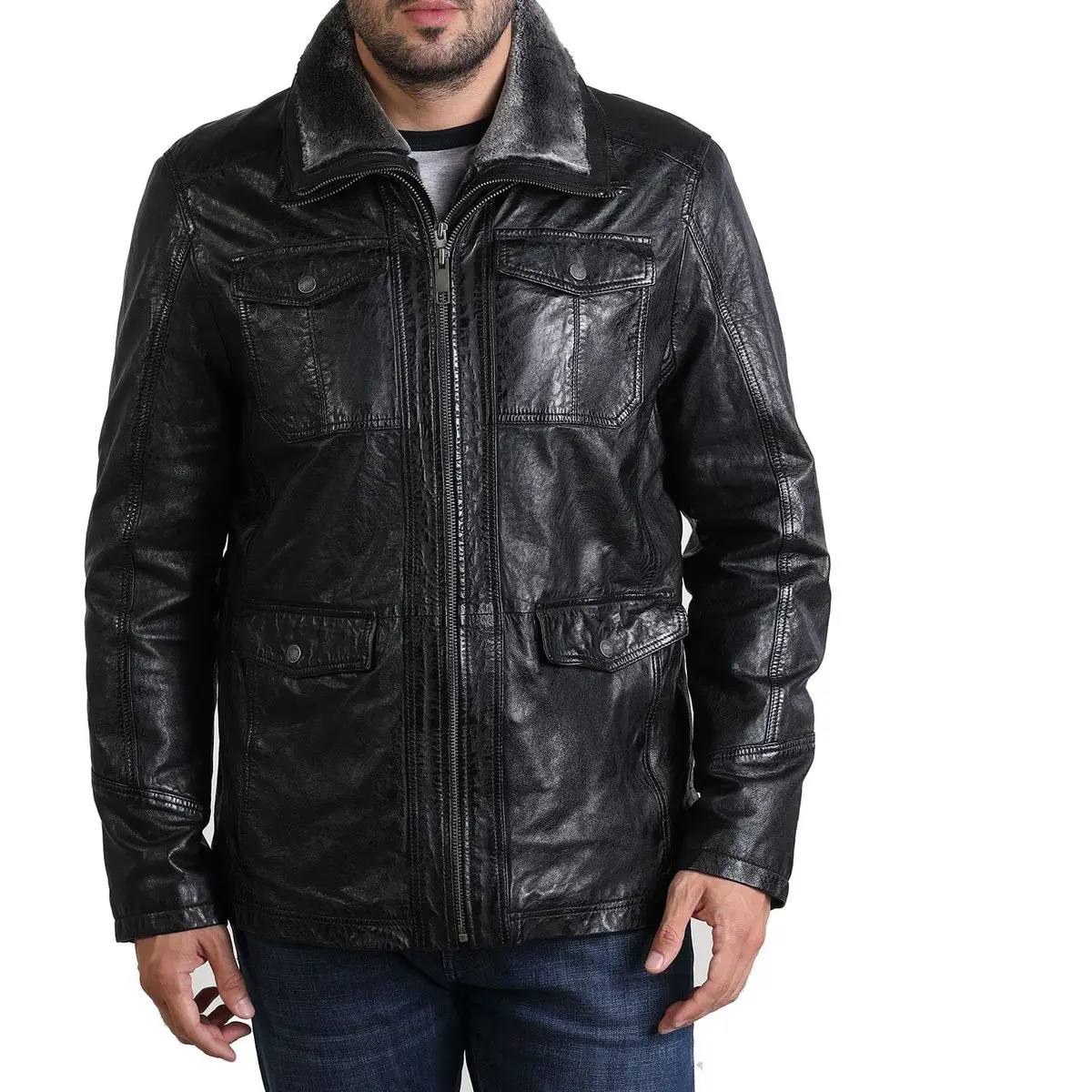Pakistan New Fashion Men Leather Jacket Best Design High Quality Chest Big Pockets Black Leather Jacket
