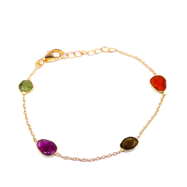 Handmade 925 Sterling Silver Gold Plated Multi Color Tourmaline Gemstones Ladies Wear Link Chain Bracelet
