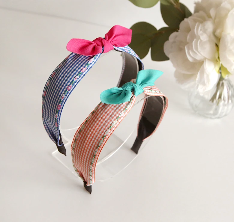 Girls Cute checkered pattern embroidered ribbon headband Korea fashion hair accessory