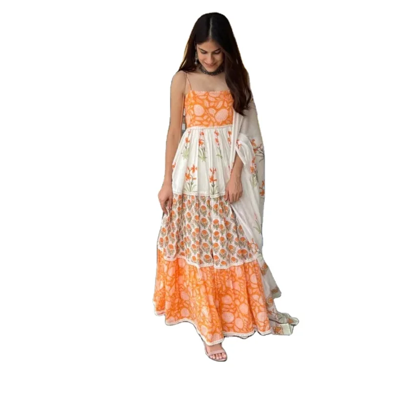 Tangerine Flora Tiered Suit Set Indian Fashion Styling High End Quality Kurti and Pants from Indian Manufacturer