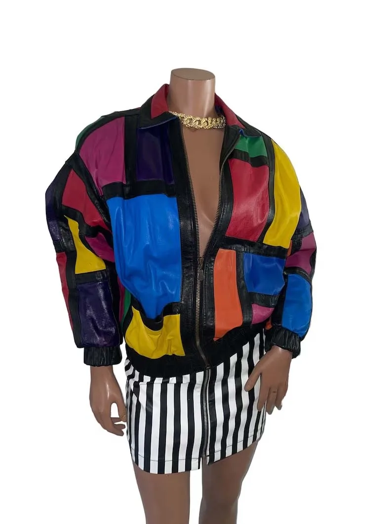 Checkered Vintage Color Block Lamb Leather Bomber Jacket Bomber Custom Colors accept