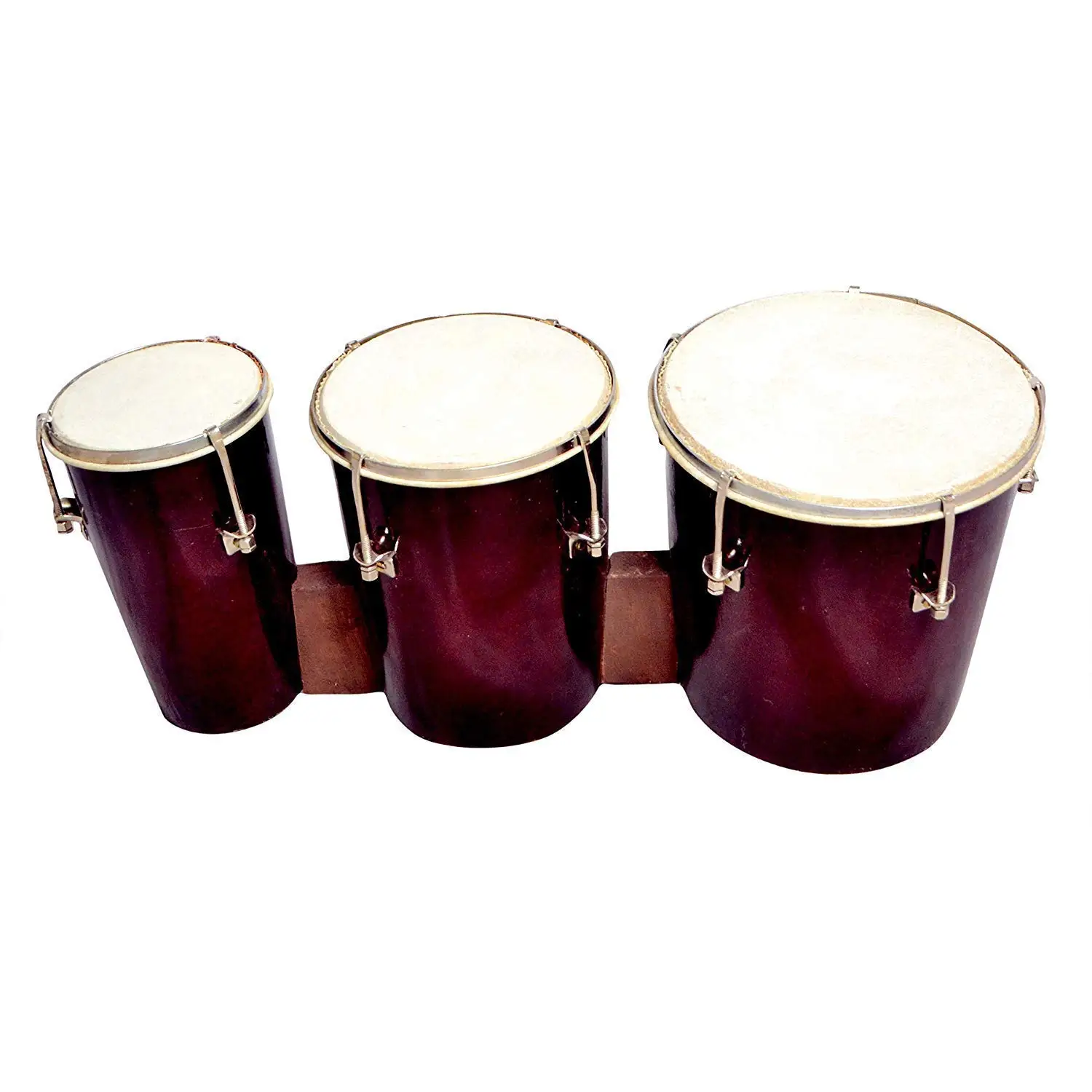 Bongo Three Piece Wooden Hand Drum Set for Adult Kids Beginners Professionals with Tuning Wrench (Red) By Sonorous Exports