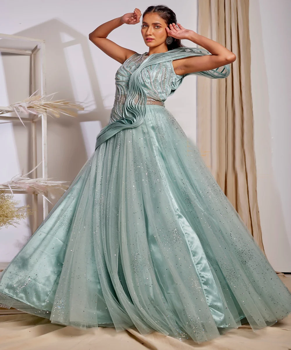 fancy organza embroidery sequence work only gown wedding bride wear ethnic garments wholesale price surat