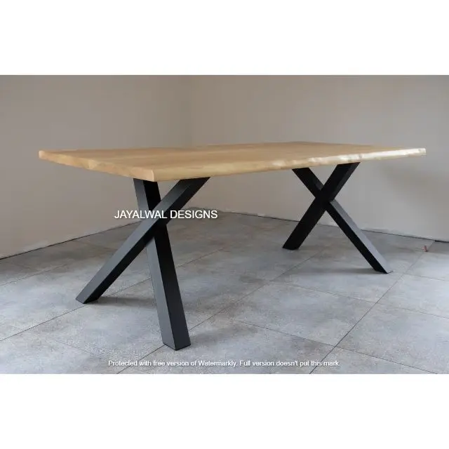 High quality rectangular wooden top table dining dining eating table set with black powder coating base for sale