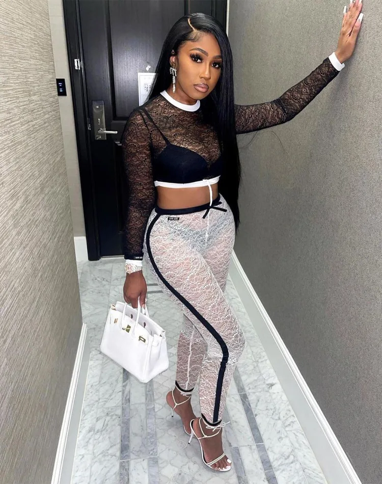 Hot Sell 2022 Autumn European Beauty Ladies Lace Mesh Clothing Two Piece 2 Pcs Womens Set