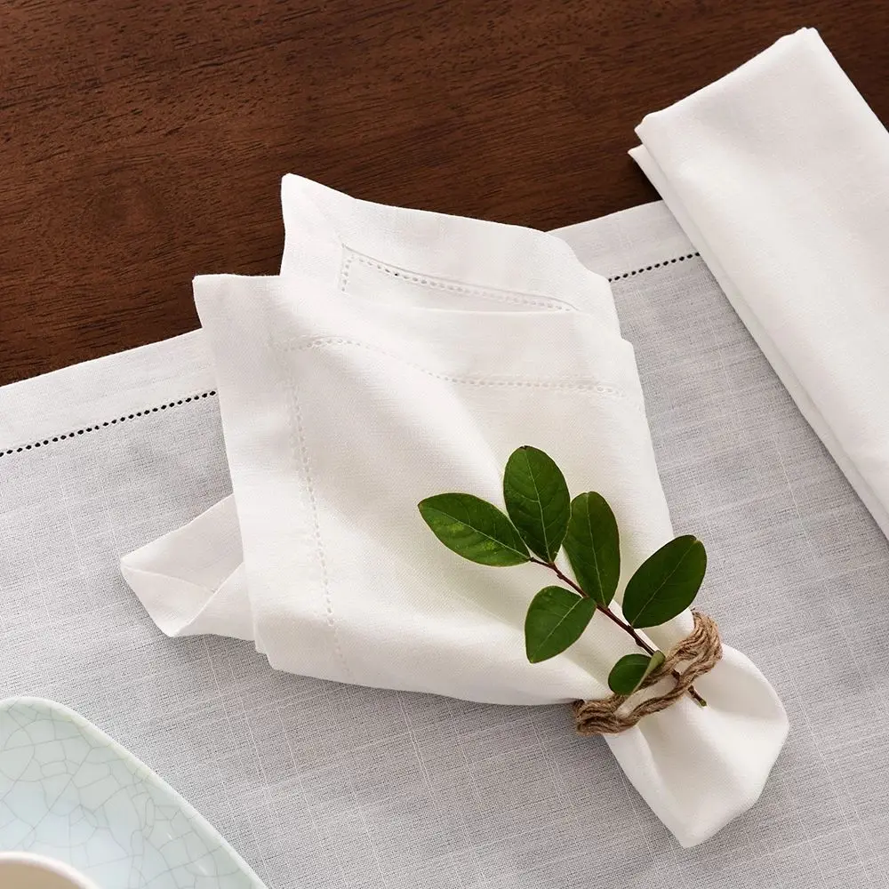 white cloth linen napkins embroidered Wholesale 100% Polyester table custom logo Wedding Restaurant Party  hemstitched napkin