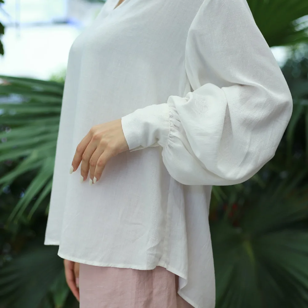 Elegant V-Neck Blouses for Women with Print Pattern Sway & Fashionable Full Sleeves 15% Linen 85% Rayon XS Size Logo Decoration