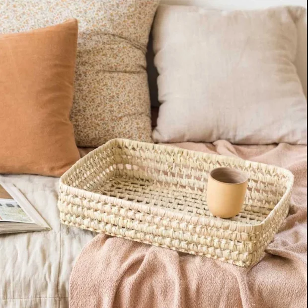 Large Flat Bamboo and Straw Tray with Genuine Leather and Cotton Lining Stylish Lady Hamper for Home or Office