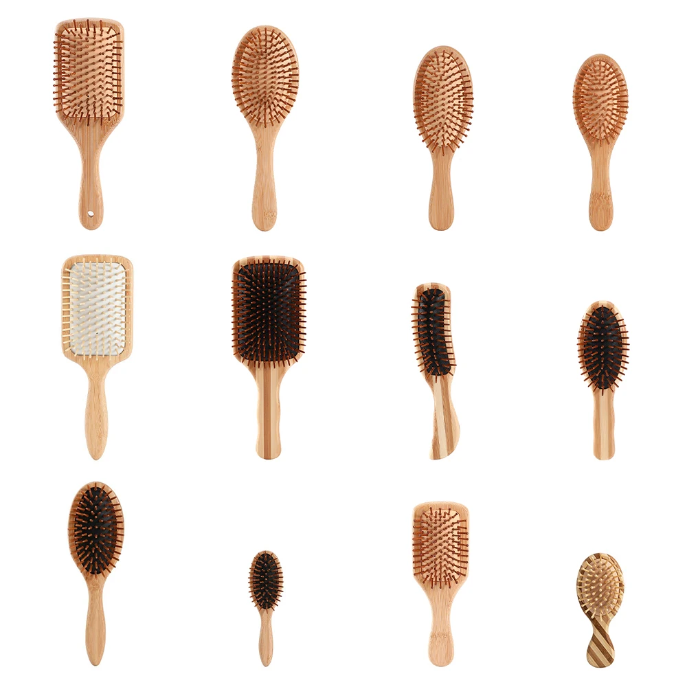 Own Factory ECO Bamboo Custom Logo Designs Paddle Head Massager Scalp Massager Cushion Brush Paddle Handle Detangling Brus