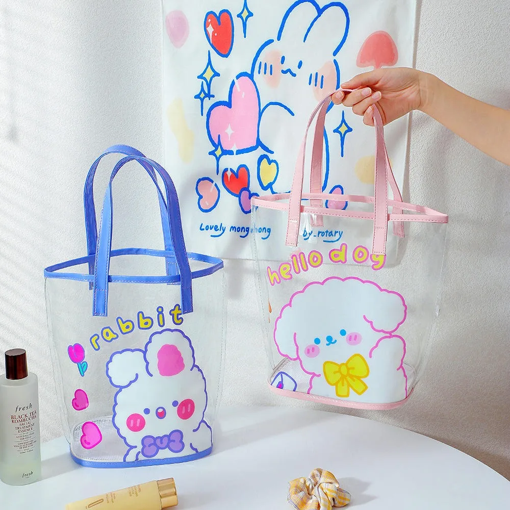 Summer new cartoon transparent PVC handbag girl Jelly shoulder bag large capacity can drain net bottom beach bag by Raw to Fine