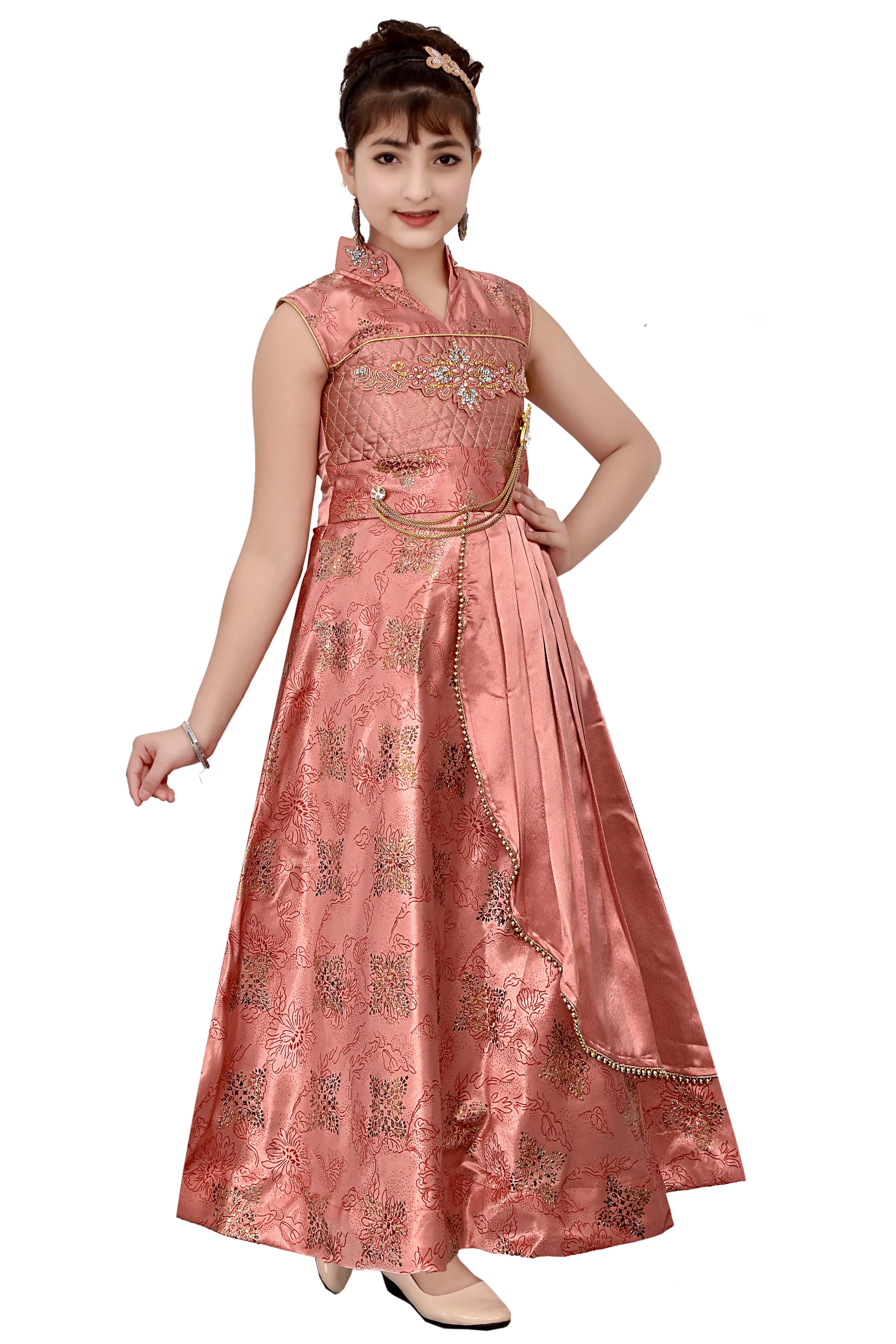Best Quality Most India Trending Silk Satin Floral Print Design Long Maxi Gown Dress For Girls  4 - 11 Years In Stock Item