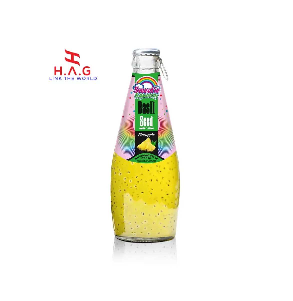 Basil Seed Drinks 290ML x 24 glass bottles OEM Pineapple Flavor Best Quality For Sale Made From Vietnam