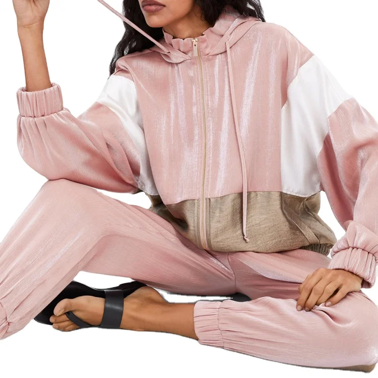 Casual Fashion women Polyester Shiny Contrast Color Zip up hoodie ladies tracksuit set