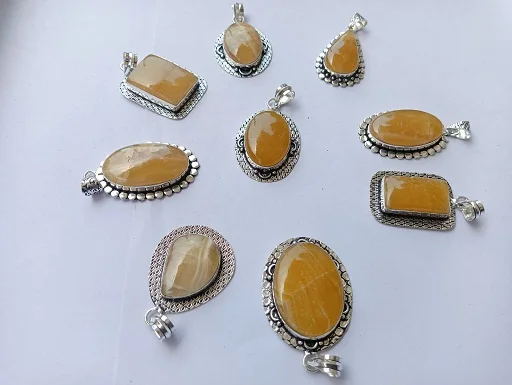 Natural Honey Calcite Pendant Using | yellow Calcite Pendant  silver plated Pendant