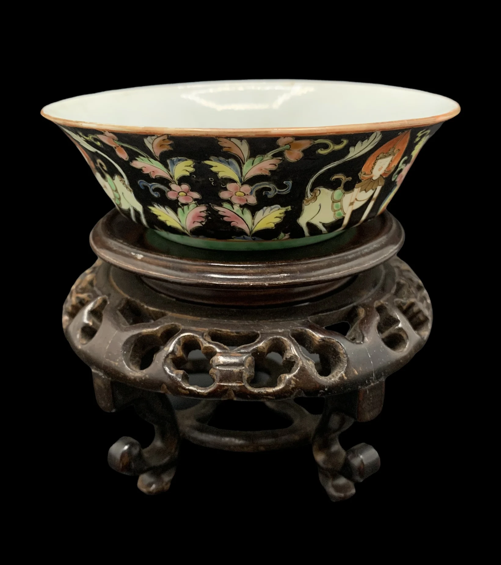 Antique Benjarong Porcelain Bowl Painted With Theppanom Painted With Floral Design On A Black Ground for Collectible