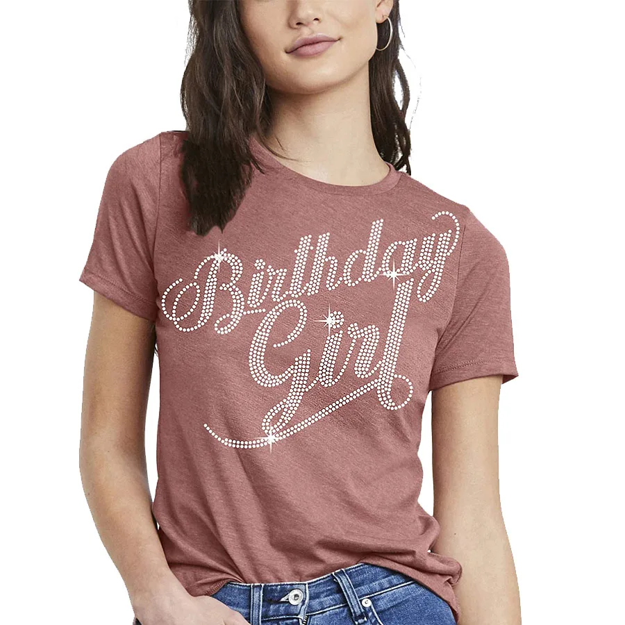 Wholesale Most Bling Birthday Girl Women Rhinestones T Shirt For Sale In Beige Color Women Slim Fit Casual T Shirts