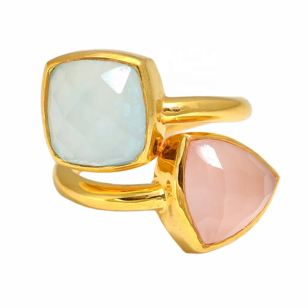 Natural Pink And Blue Trillion Cushion Dual Stone 925 Sterling Silver Aqua Chalcedony Fancy Gold Plated Fashion Ring Jewelry