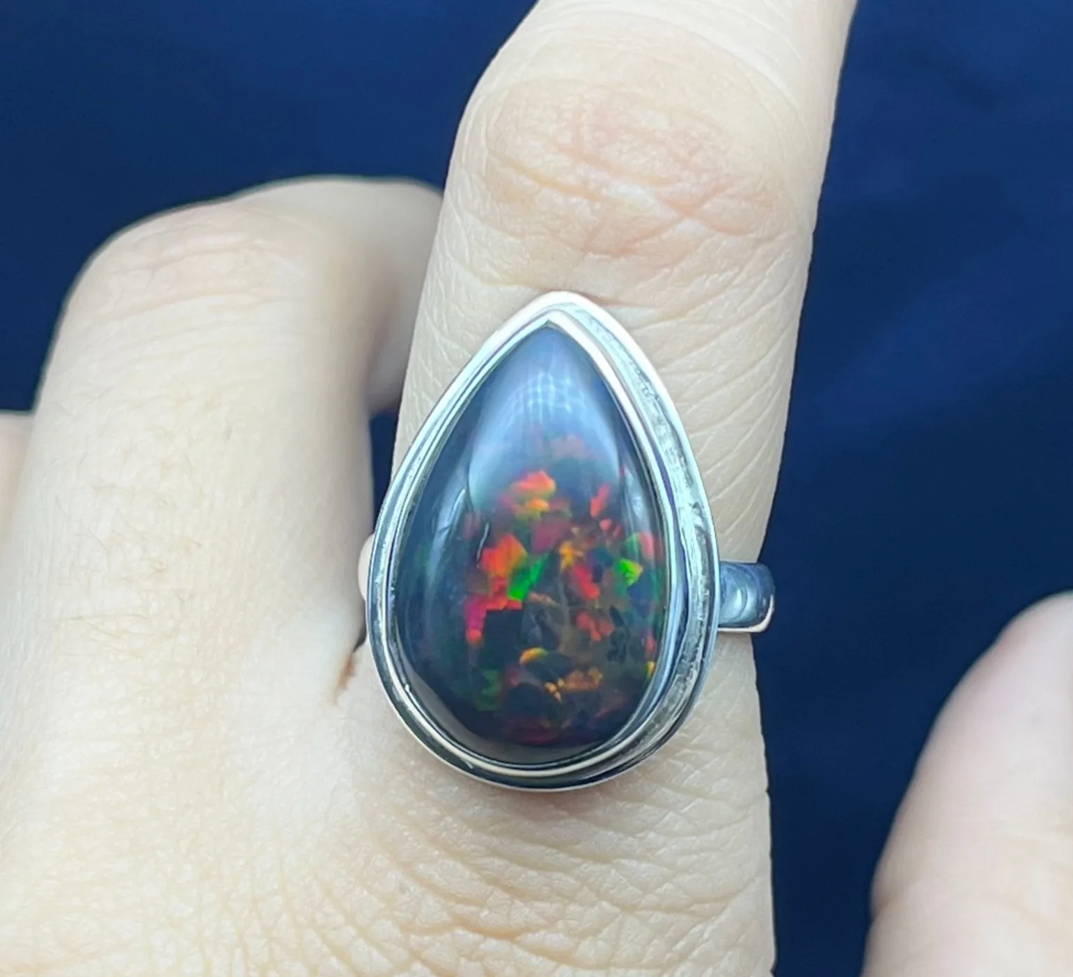 Natural Black Opal Silver Ring, Ethiopian Black Opal Gemstone Ring For Women, Tear Drop Black Opal Ring For Wedding