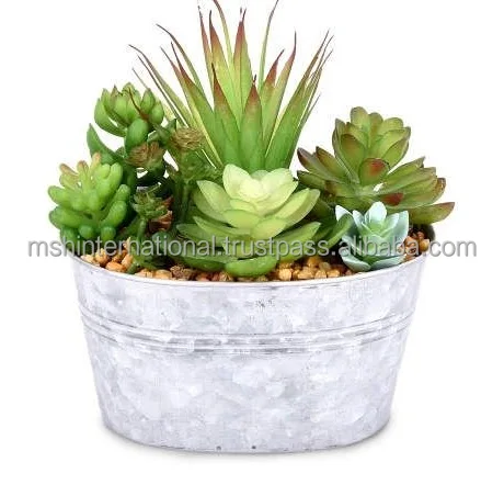 Artificial succulent arrangement with galvanized metal planter this rustic planter faux succulent arrangement makes it easy to