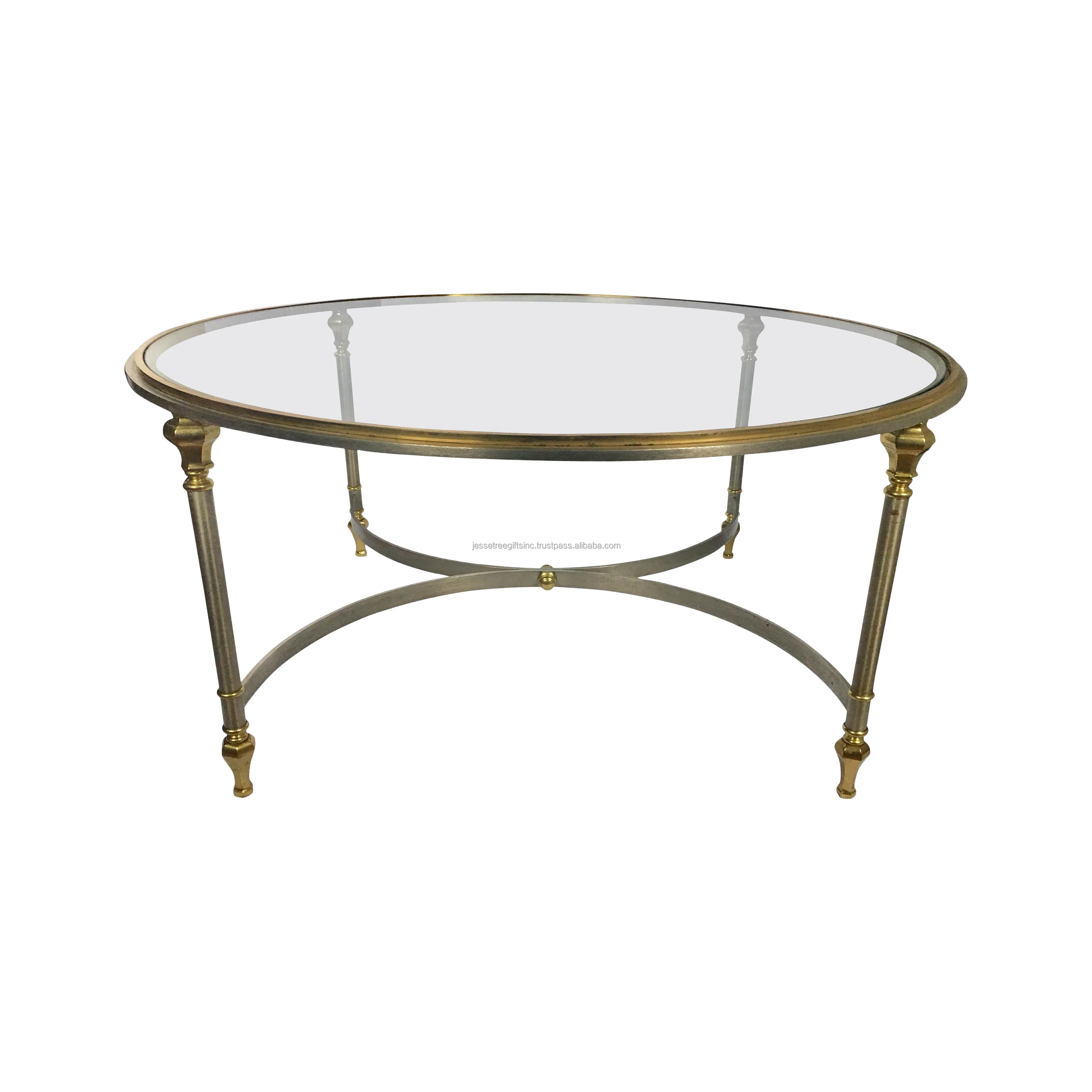 Metal Sheet Strips Accent Table With Antique Gold Finishing Grass Design Excellent Quality With Round Glass Top For Living Room