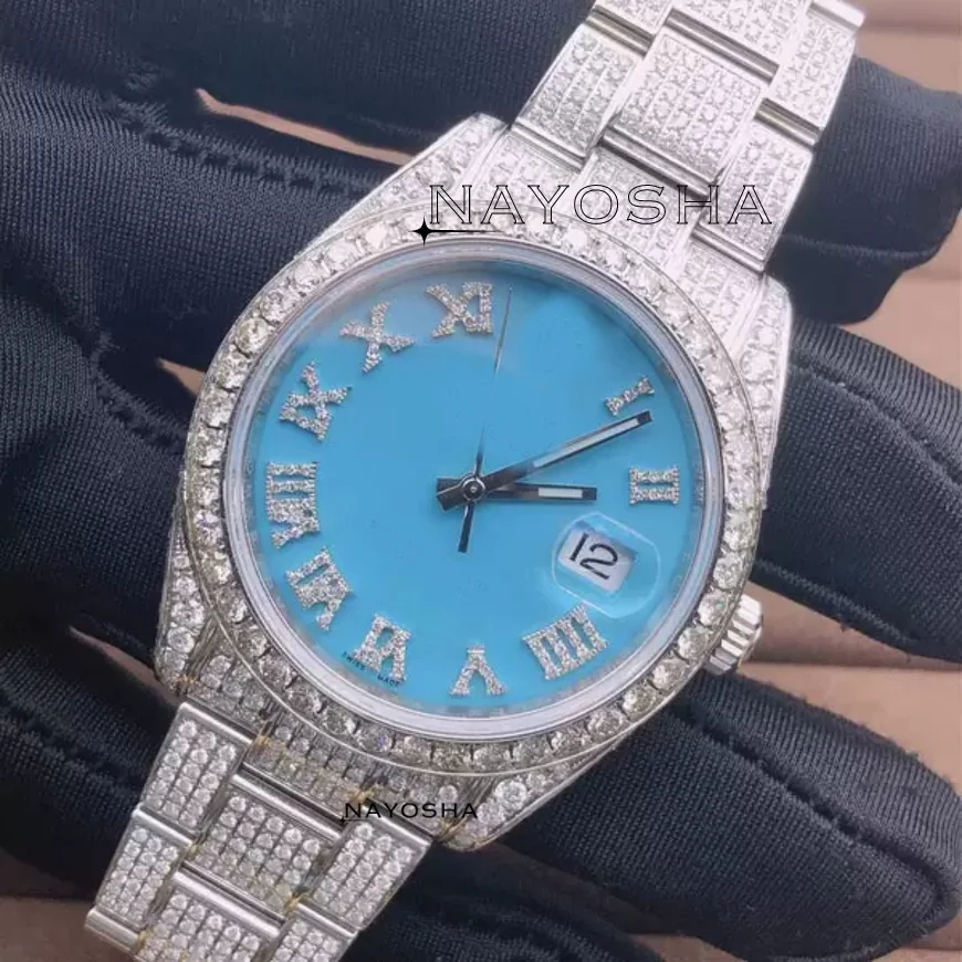 Latest Design SkyBlue Dial Colour Sterling Silver Watch For Male and Female Luxury Fine Jewelry Moissanite Diamond Studded Watch