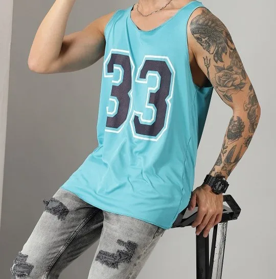 Custom Hip Hop Street Style Wear Sleeveless Tshirt For Men Sea Green No Printed V-Neck Raw Edge T-shirt Knitted Polyester Fabric