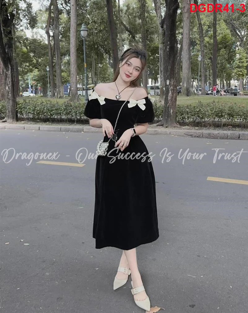 Long Black Dress With Bow Tie At The Collar And Short Fluttering Sleeves Street Style For Pretty Girls Best Selling Good Quality