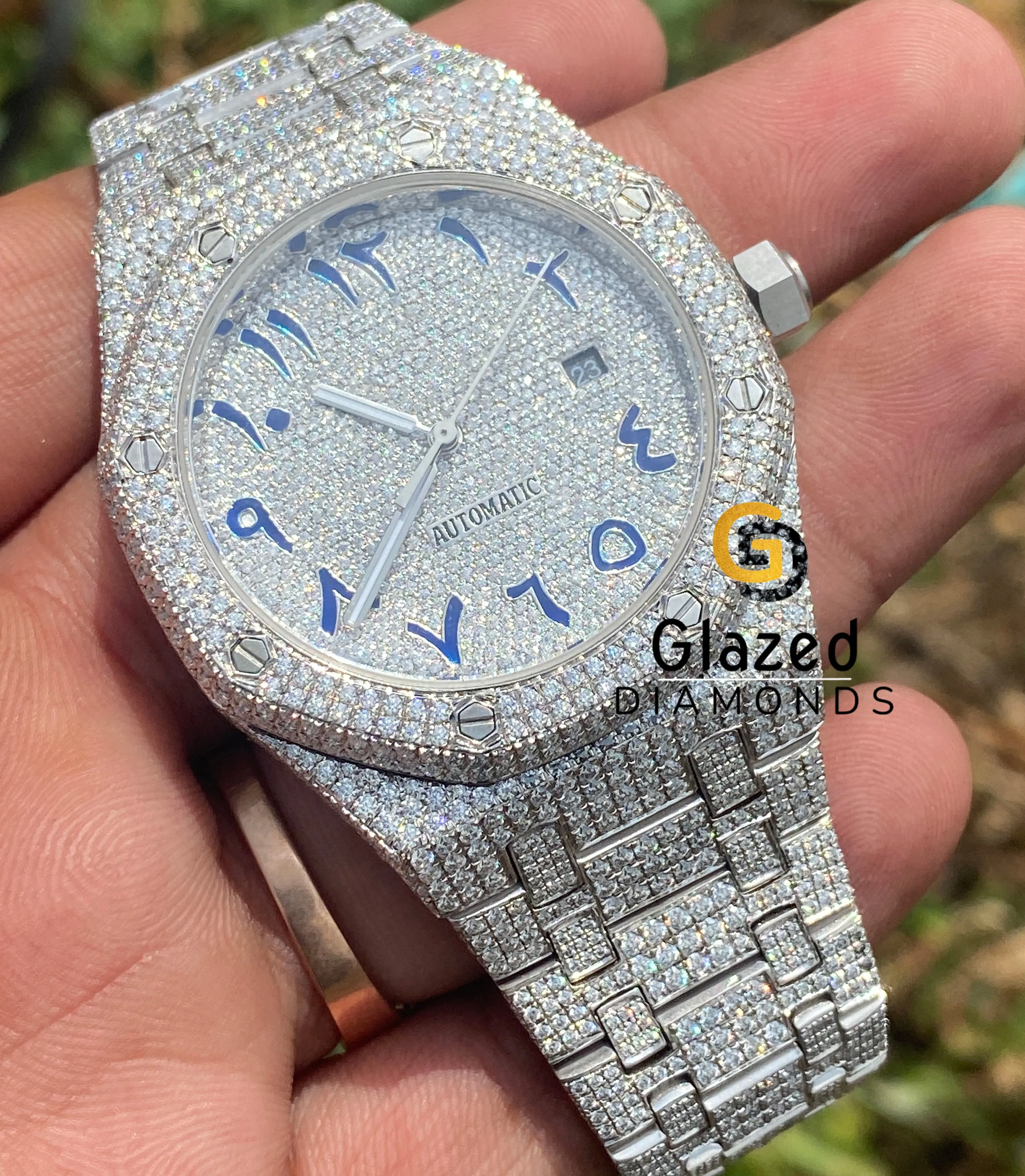 Stylishly Designed With Moissanite Round Brilliant Cut Diamonds And Stainless Steel Watch Is A Perfect Choice For The Men