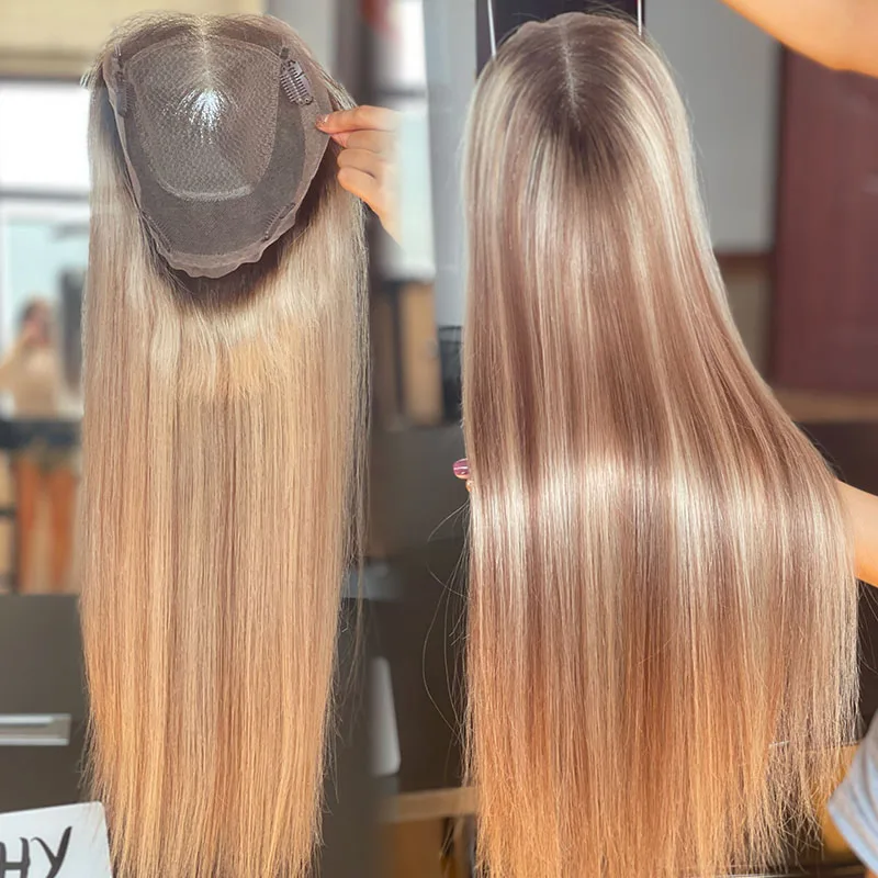 Human Hair 8*8 Mini Wig Topper Half Hand Tied And Full Hand Tied Highlight Color Silky Straight Toppers For Women