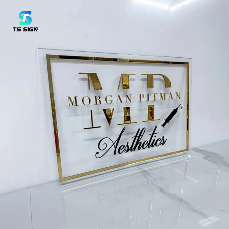 Acrylic Board Business Name Signage Custom Salon Gold Logo 3D Metal Letter Lobby Sign
